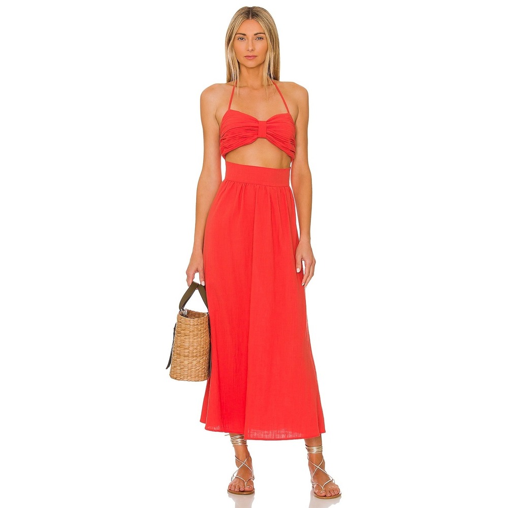 NWT SNDYS Everyday Boat Linen Dress Spice Orange Red Halter Maxi Dress S